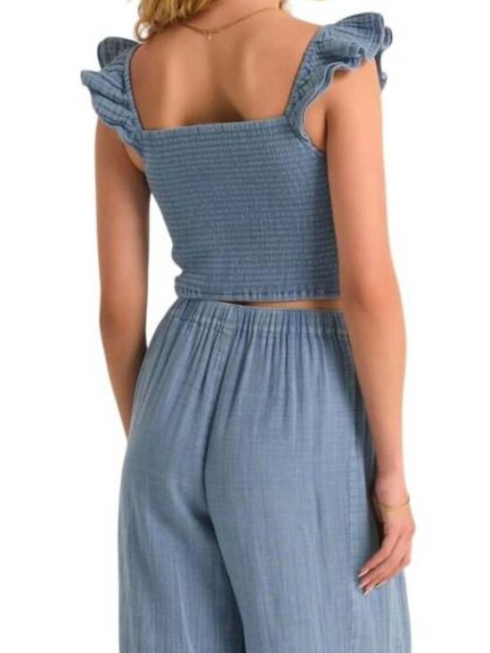 Z Supply Hera Gauze Chambray Crop Top Size M Blue Stretch Ruffle Sleeve NEW - Picture 8 of 8